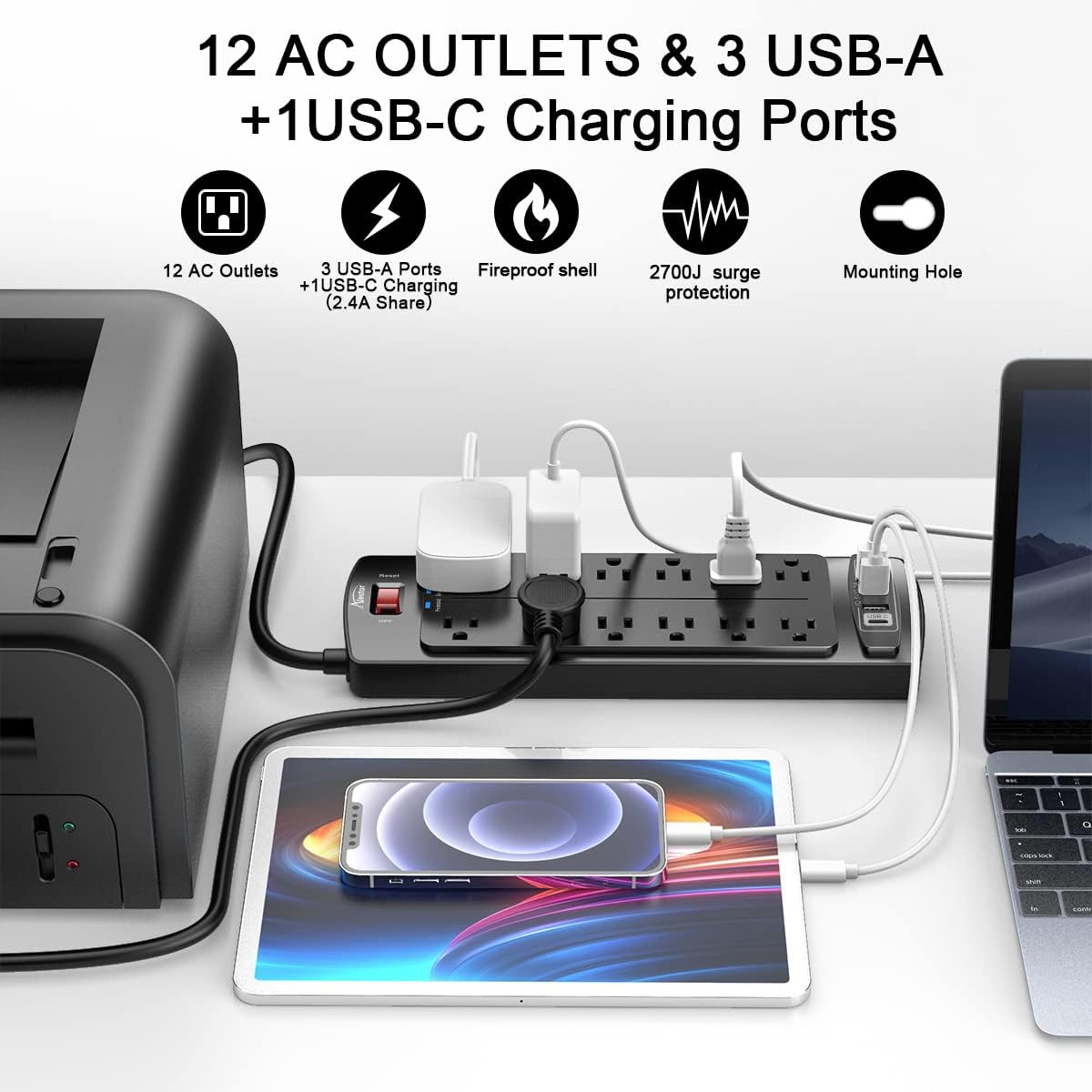 Power Strip, Surge Protector with 12 Outlets and 4 USB Ports, 6 Feet Extension Cord (1875W/15A), 2700 Joules, ETL Listed, Black