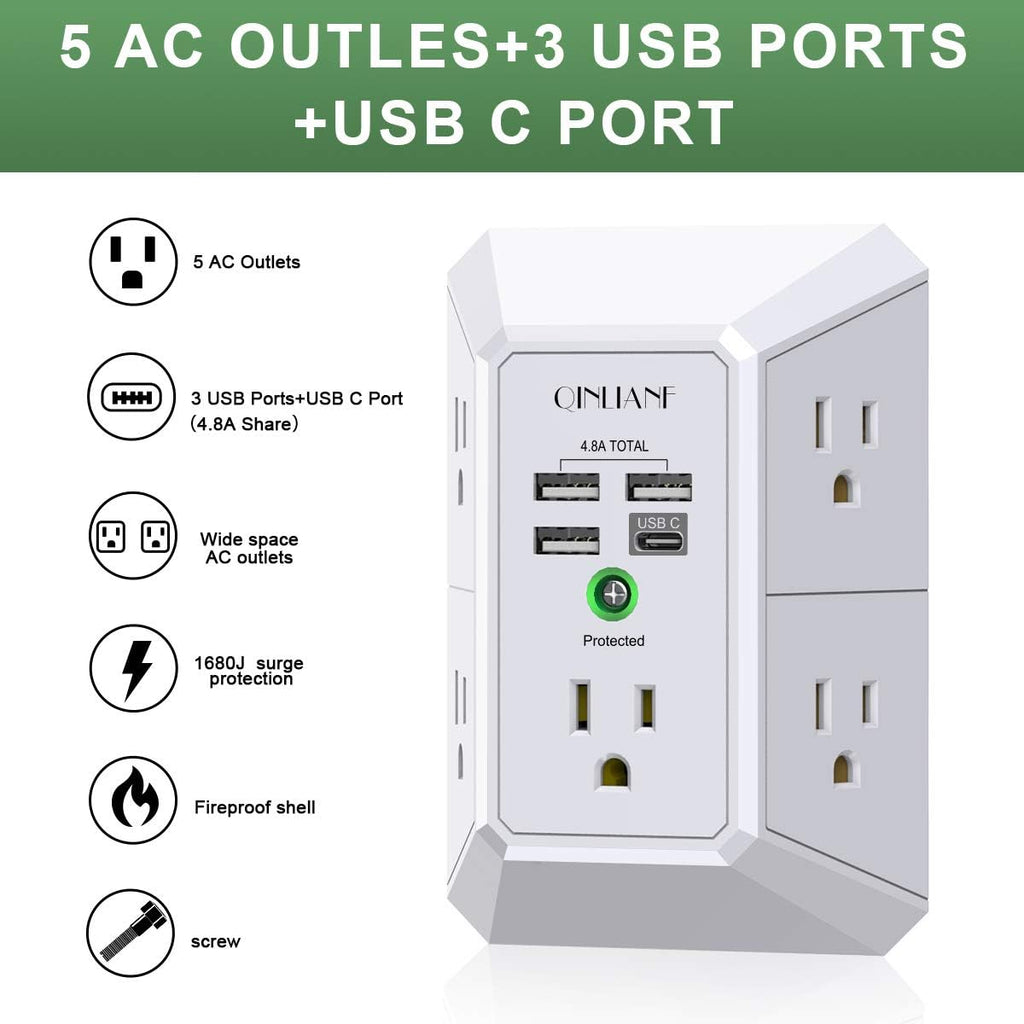 Wall Charger, Surge Protector, 5 Outlet Extender with 4 USB Charging Ports (4.8A Total) 3-Sided 1680J Power Strip Multi Plug Adapter Spaced for Home Travel Office (3U1C)