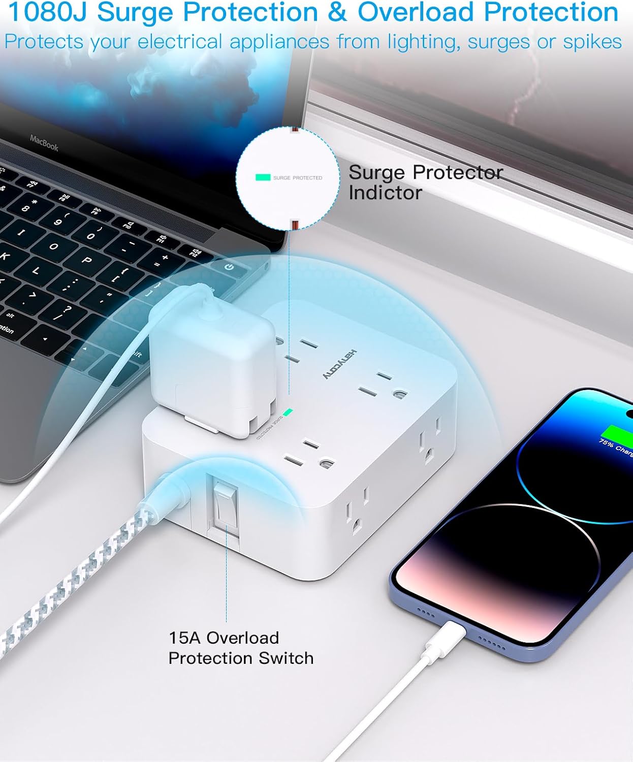 Surge Protector Power Strip - 8 Outlets 4 USB (2 USB C) Charging Ports, Multi Plug Outlet Extender, 5Ft Braided Extension Cord, Flat Plug Wall Mount Desk Charging Station for Home Office ETL