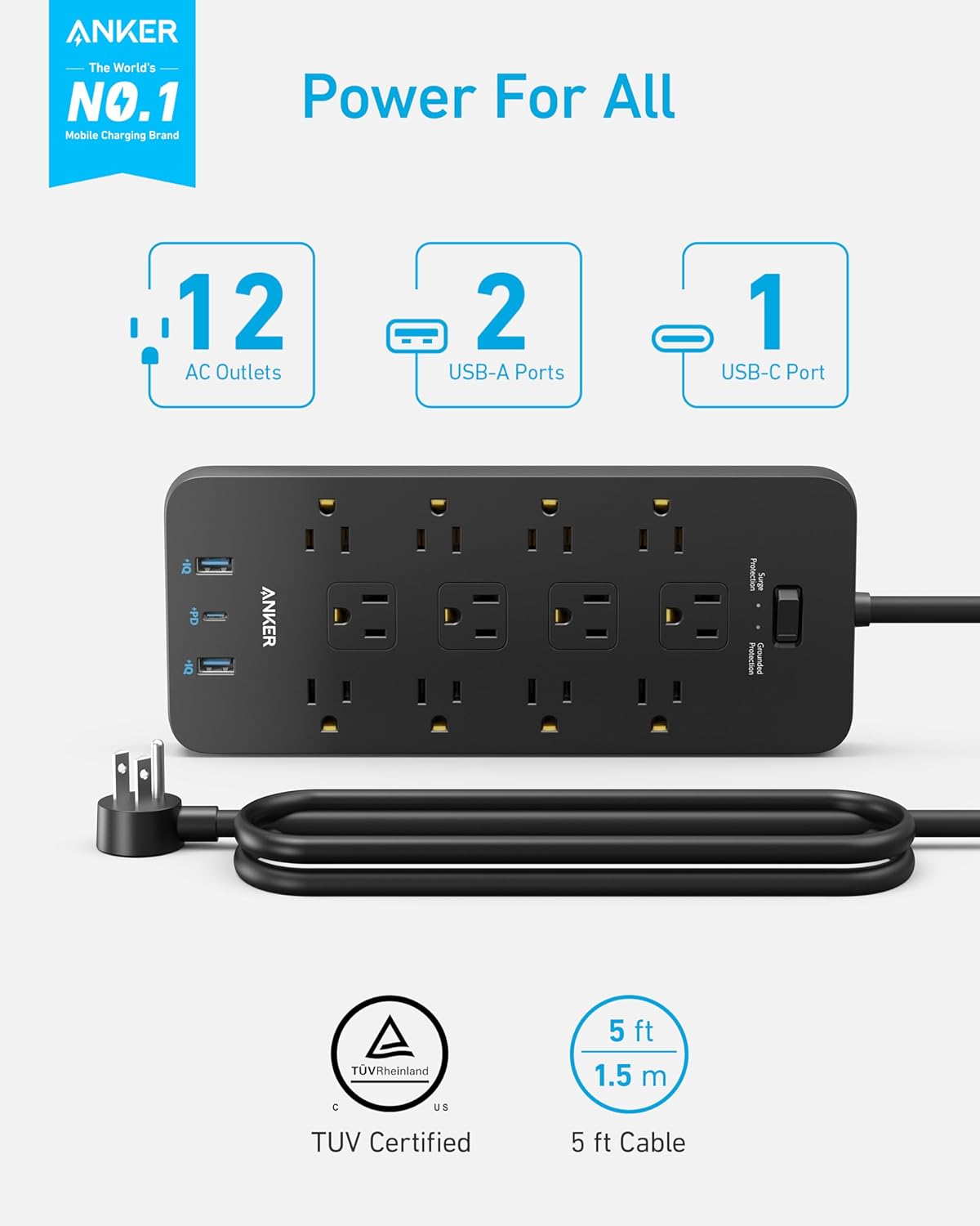 Power Strip Surge Protector (2100J), 12 Outlets with 2 USB A and 1 USB C Port for Multiple Devices, 5ft Extension Cord, 20W Power Delivery Charging for Home, Office, Dorm Essential, TUV Listed